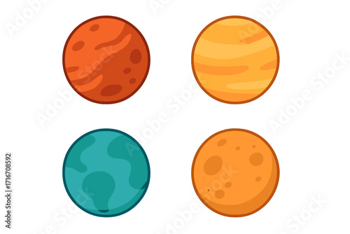 Planet vector icon set. Cartoon space planets collection. Solar system astronomical objects. Fantasy cosmos worlds for game design. Flat graphic illustration isolated on white.