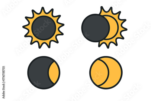 Solar eclipse and moon phases icon set. Sun and moon astronomy symbols. Simple cartoon vector illustration for web and apps. Weather forecast graphic element. Flat design logo.