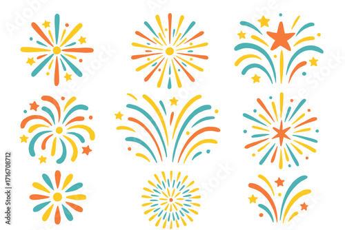Vector set of colorful firework explosions. Bright cartoon firecracker bursts for celebration, festival, party. New Year, 4th of July design element. Salute, sparkler icon.