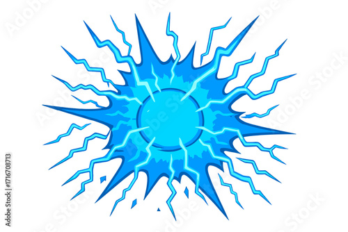 Bright blue electric explosion effect. Cartoon energy ball with lightning. Vector flash and sparkle. Power blast for comics and anime. Dynamic shockwave and thunderbolt.