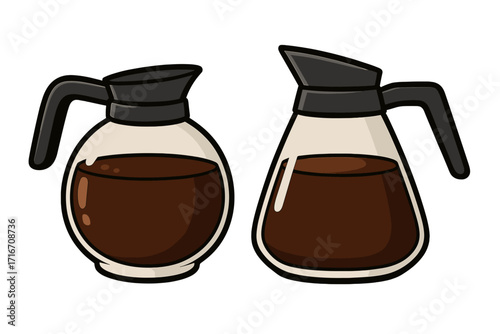 Two glass coffee pots, carafes with black brewed coffee. Vector cartoon icon set. Morning espresso, caffeine beverage for breakfast, restaurant menu, diner, office break.