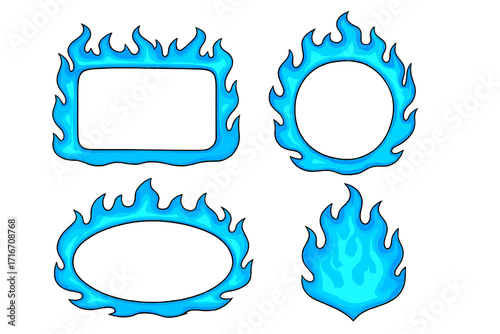 Blue flame frames vector set. Cartoon fire borders in different shapes for creative design. Hot blazing gas fire. Magical energy illustration. Graphic elements for stickers, logos, banners.