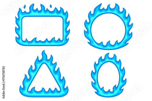 Blue flame frames vector set. Cartoon fire borders in various geometric shapes: circle, rectangle, triangle, oval. Hot blazing design element for creative projects. Magic fire.