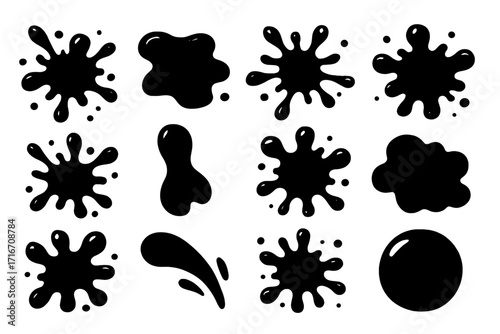 Set of black ink splashes and splatters. Collection of messy liquid paint blots and blobs. Abstract vector graphic design elements. Silhouette drops and drips isolated. Grunge.