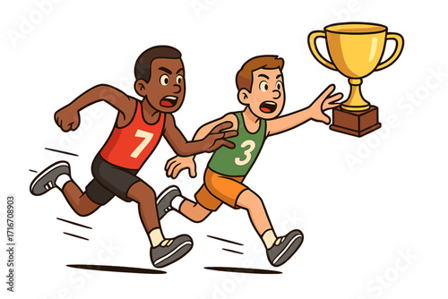 Competitive race for the trophy. Two athletes in a sprint for success. Metaphor for business competition, rivalry, and reaching for a goal. Vector cartoon illustration.