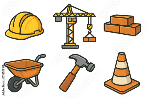 Construction cartoon icon set vector. Building industry concept. Hard hat helmet, crane, brick, wheelbarrow, hammer, traffic cone. Work safety equipment. Builder tool element.