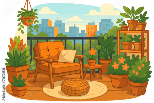 Cozy balcony garden in a sunny urban setting. Vector illustration of a relaxing patio with mid-century armchair, pouf, and vibrant potted plants. Home exterior and cityscape.