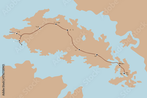 Fictional Island Map with Transportation Route and Place Names vector illustration map of
