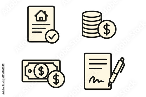 Finance and banking icons set. Minimalist vector illustration of loan, mortgage agreement, money, coins, cash, and contract signature. Financial concepts for business.
