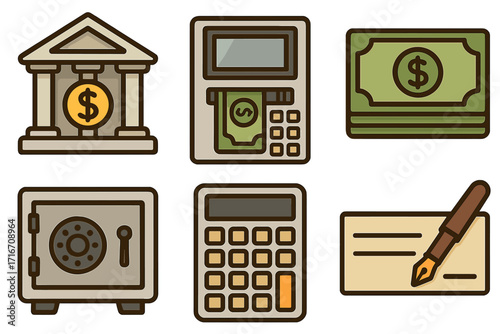 Financial icons set for banking and business. Vector cartoon illustration with bank, ATM, cash money, safe box, calculator, and check. Concepts for economy, savings, payment, investment.