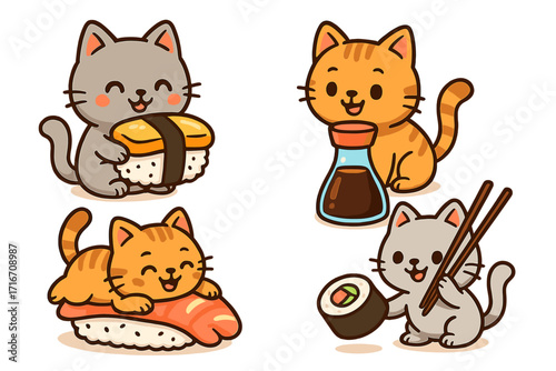 Cute kawaii cat vector illustration set. Funny cartoon characters enjoying Japanese food. Happy kittens with sushi, nigiri with salmon, tamago, maki roll, and soy sauce.