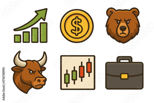 Stock market trading icon set with bull and bear symbols. Finance investment concept with growth chart, dollar coin, candlestick graph, and business briefcase. Vector icons.