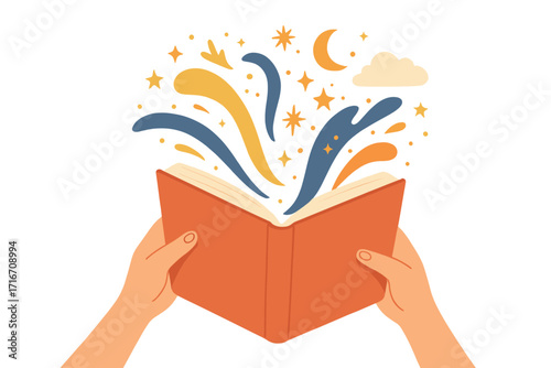 Love reading concept. Hands holding open book with magic, stars, moon. Imagination, fantasy, storytelling, literature. Metaphor for knowledge, discovery and education.