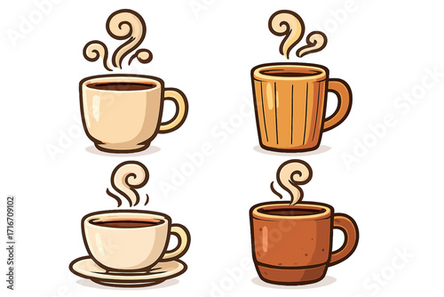 Coffee cup and mug vector icon set. Cartoon collection of various hot drinks with steam. Isolated graphic element for cafe menu. Cappuccino, espresso, latte, mocha aroma.