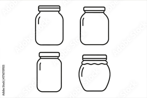 Glass jar line icon set. Empty mason jars for canning and preserving food. Vector outline illustration for jam, jelly, honey, or pickles. Kitchen container symbol for storage.