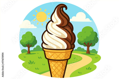 Soft serve ice cream cone with chocolate and vanilla swirl. Vector cartoon illustration of a sweet frozen dessert snack in a sunny park. Summer food concept delicious treat.