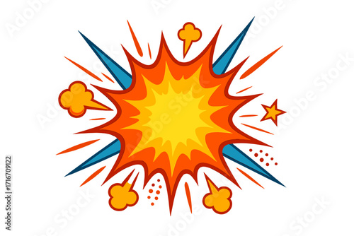 Comic explosion pop art element. Cartoon boom, bang or pow blast effect. Vector illustration of a dynamic burst with vibrant colors, illustrating impact and power for design.