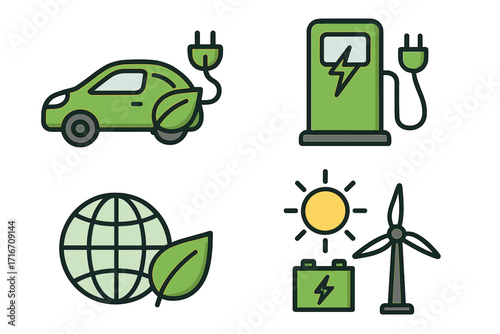 Electric vehicle icon set. Sustainable energy symbols for eco-friendly transport. EV charging station, renewable solar and wind power, green earth pictogram collection.