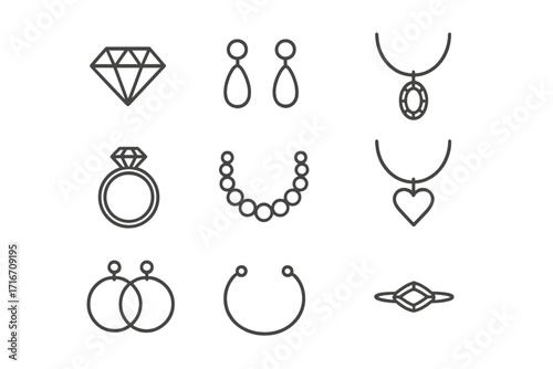 Jewelry icon set for minimalist design. Line art vector illustration with ring, diamond, necklace, and earrings. Luxury fashion and beauty symbols for logos or web design.