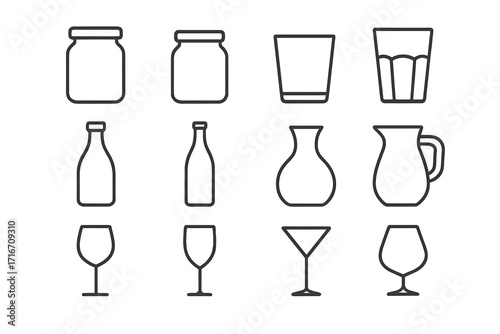 Glassware line icon set. Vector collection of glass jar, bottle, cup, wineglass, and pitcher icons. Minimalist drink and kitchenware symbols with editable stroke for web design.