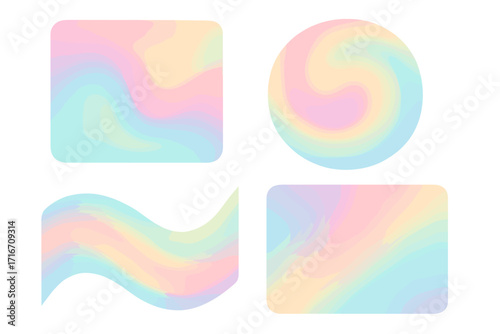 Abstract gradient shapes in pastel colors. Set of holographic fluid forms. Modern vector graphic elements with soft mesh blur. Iridescent shapes for y2k aesthetic design.