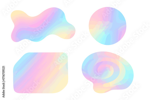 Colorful abstract gradient shapes set. Iridescent pastel holographic forms. Fluid liquid design elements. Y2K aesthetic vector blobs. Modern graphic assets for digital art.