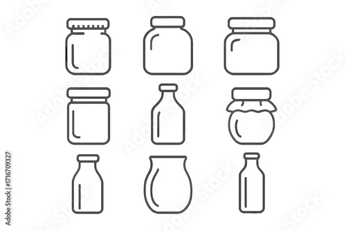 Glassware line icon bundle. Modern collection of jars and bottles for design, web sites, and apps. Contains linear images of a glass jar, pot, and container for jam or honey. Vector.