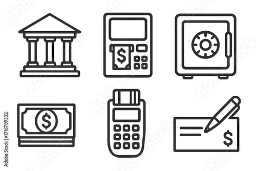 Finance icon set in thin line style. Vector symbols of bank, ATM, safe, money, POS terminal and check. Outline pictograms for banking, payment and business concepts.