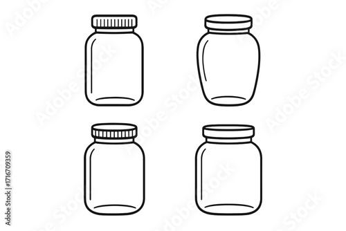 Glass jar line icon set. Collection of empty containers. Vector illustration for canning, food storage, preserving. Minimalist outline drawing for kitchen and packaging.