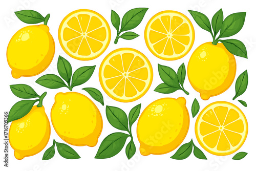 Fresh lemon fruit and slices with green leaves. Vector background. Juicy citrus illustration. Healthy food concept for summer design. Cartoon pattern for wallpaper or texture.