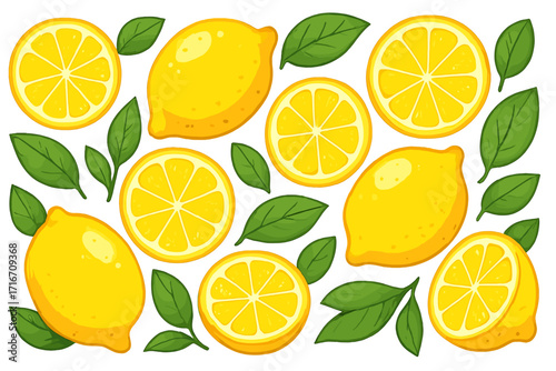 Fresh lemons and lemon slices with green leaves vector set. Cartoon citrus fruit collection. Juicy, healthy food illustration for pattern, background, or isolated design.