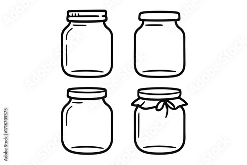Set of glass jar line icons. Vector doodle illustration of mason jars for canning, jam, and preserves. Kitchen container and storage outline symbol collection for design.