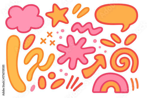 Set of colorful abstract shapes. Funky groovy doodle elements. Retro 90s y2k vector graphic asset collection. Cartoon comic stickers with star, cloud and speech bubble.
