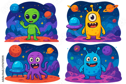 Cute alien cartoon character set. Vector illustrations of funny monsters in space. Extraterrestrial life on vibrant cosmic landscapes. Isolated graphic element collection for kids.