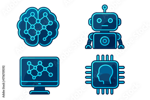 AI technology icon set with robot, brain, CPU, and neural network symbols. Concepts for artificial intelligence, machine learning, data science, and futuristic innovation.