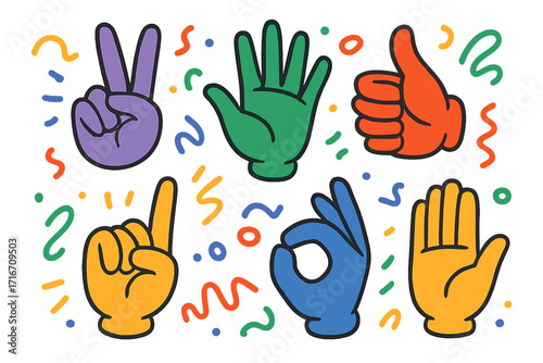 Colorful hand signs collection. Cartoon gestures as thumbs up, peace, ok sign, high five. Set of vector icons for communication, diversity, positive feedback, and agreement.