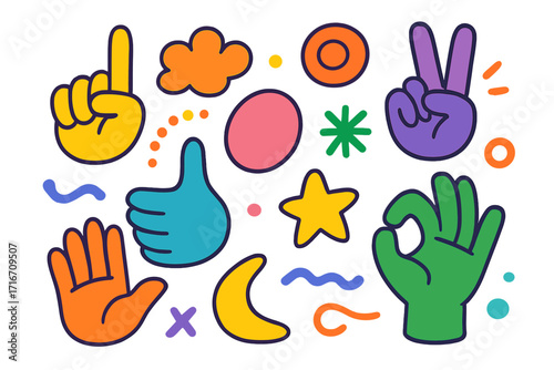 Set of colorful cartoon hand gestures and abstract doodle shapes. Vector collection of retro stickers like peace sign, thumbs up, ok symbol, star and moon for communication.