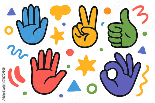 Set of colorful hand gestures signs. Peace, ok, thumbs up, stop. Communication and expression concept. Collection of vibrant cartoon stickers with abstract shapes. Vector.