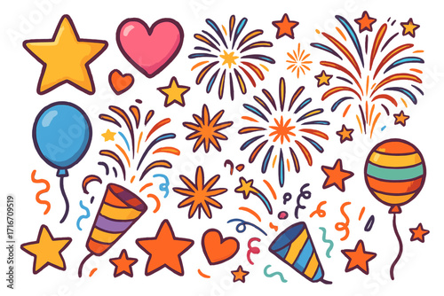 Celebration party doodle set. Festive firework, star, heart, balloon cartoon icons. Vector holiday, birthday, new year graphic elements. Hand drawn confetti popper clipart.