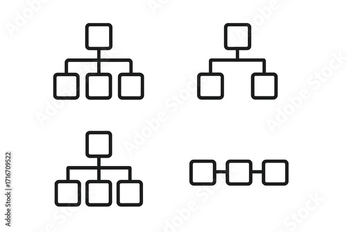 Hierarchy line icon pack for business structure and organization charts. Vector infographic elements showing workflow, process, and corporate relationships. Editable stroke.