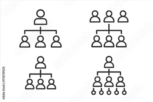 Hierarchy line icon set. Business organization and team structure concept. Corporate management and leadership pictogram. Vector illustration for apps and web design. Editable stroke.