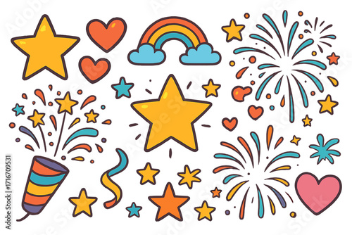 Set of celebration doodle elements. Hand drawn party icons. Stars, fireworks, confetti popper, rainbow. Cute cartoon vector illustration for birthday, holiday, festive design.