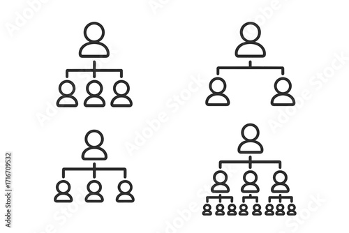 Hierarchy line icon set for business structure and organization. Corporate team management and leadership concept. Minimal vector pictogram pack for web, app, and UI design.
