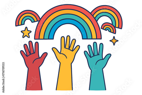Hands up with rainbows for pride month. Concept of diversity, equality, community. Symbol for inclusion, support, and celebration. Vector cartoon illustration for social unity.