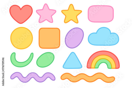 Set of cute colorful pastel shapes. Collection of modern abstract geometric elements. Heart, star, circle, square, cloud, rainbow for kids design. Vector cartoon illustration.