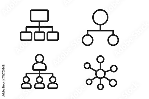 Hierarchy line icon set. Business organization chart, corporate structure, teamwork flowchart. Management, leadership, network connection diagram. Vector infographic icons.