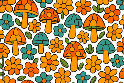 Groovy hippie mushrooms and flowers seamless pattern. 70s retro psychedelic floral background. Vintage stained glass mosaic style for fabric print, textile, wallpaper design.