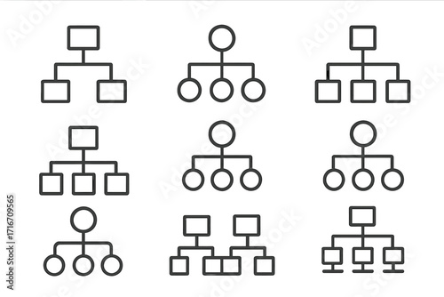 Hierarchy outline icons. Business organization chart. Company structure and management. Corporate flowchart diagram. Data connection concept. Leadership and teamwork symbols.
