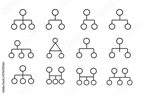 Hierarchy and organization chart line icon set. Business structure, workflow, and management diagram symbols. Corporate process and flowchart vector pictogram collection.