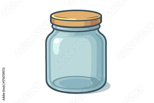 Empty glass jar with lid vector illustration. Clear cartoon container for canning, food storage, or preservation. Isolated icon for kitchen, pantry, or zero waste concept.